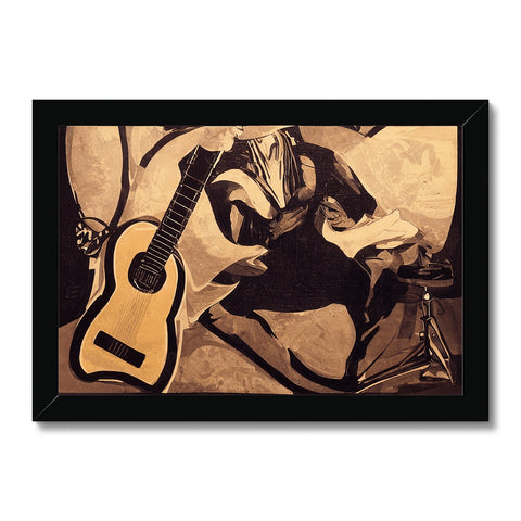 Art print of a musician with a maroon guitar on a floor.