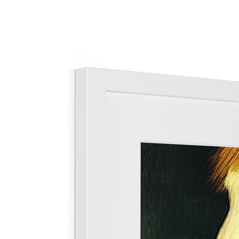 A picture frame with art hanging on a side view of a white wall.