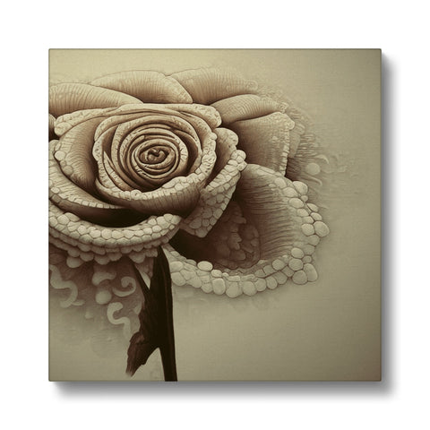 A white and blue art print is covered in roses and a green  flower.