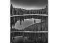 A black and white picture framed by two lakes near a forest of a mountain.