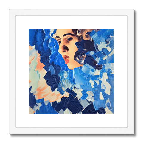 A framed print of an aquarius  in blue with a white backdrop.