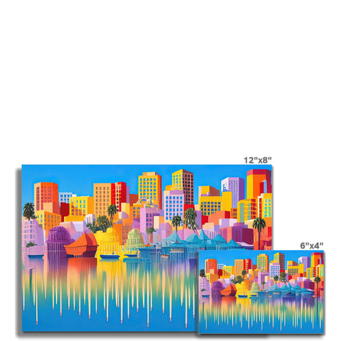 An art print depicting an image of San Francisco with graffiti spray paint on it.