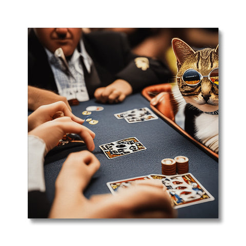 A cat playing poker on a large table near a group of chairs.