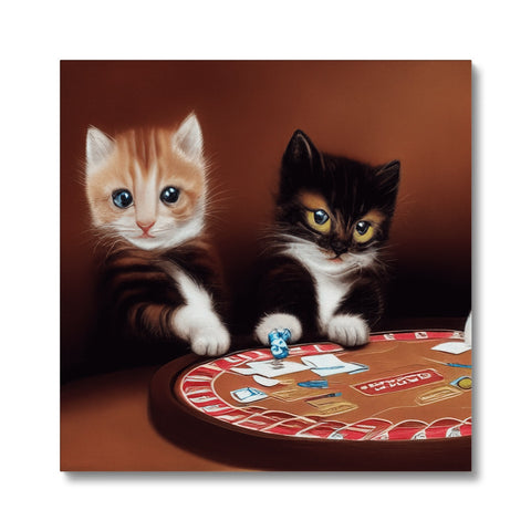 Two kittens play with a game of poker in an empty room.