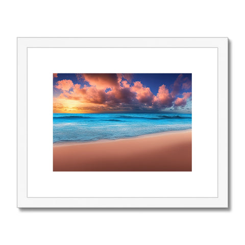 A framed print showing colorful seas and sun set in a small beach.