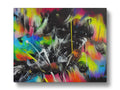An art print with a painting on a yellow canvas and graffiti spray filled with green spray