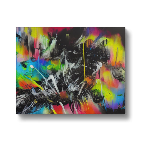 An art print with a painting on a yellow canvas and graffiti spray filled with green spray