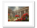 a vase of poinsettia and a picture of the city of Rome on