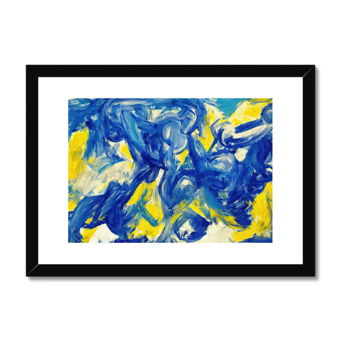 An art print of images of horses galloping on a cliff covered with blue paint.