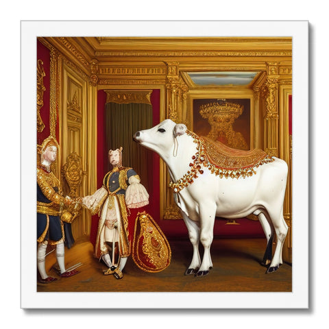 A cow sitting on a horse chest and a goat on a white wall.
