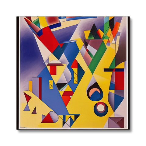 A painting surrounded by colors, geometric shapes and angles.
