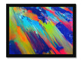 An abstract art print hanging on a white wall with colorful colors.
