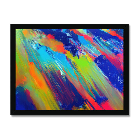 An abstract art print hanging on a white wall with colorful colors.