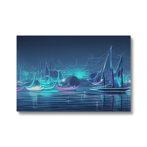 A group of sailboats that are traveling in the water at night with boats in the