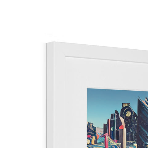 A picture of the city on a picture frame with a clock on the frame.