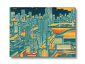 A large city skyline painting on a ceramic tile