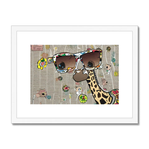 A giraffe wearing sunglasses and looking through a tree at a forest.