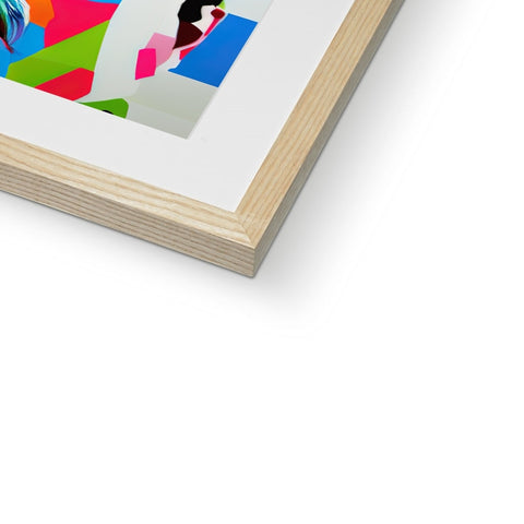an art print sitting on a white frame next to  old frames of people with colorful