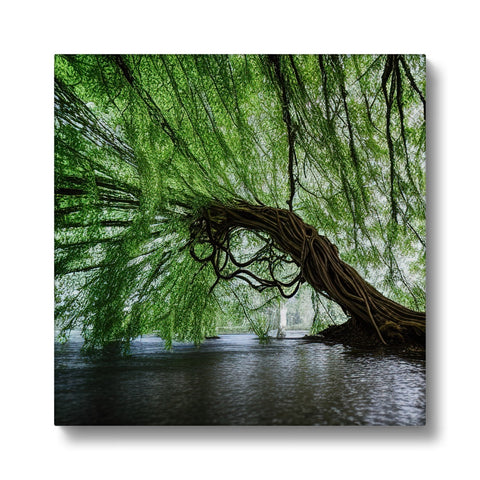 This photo is a picture of a tree in a watery green area with trees lying