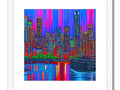 Art print of Chicago's skyline with the sun reflected on it in many different colors with