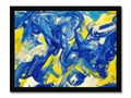 An abstract painting on a white background painted with blue and yellow.