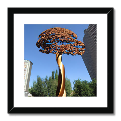 Art print sitting atop a sculpture of an ornate tree.