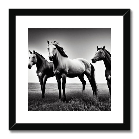 A group of horses racing down the black and white photo of a farm field.