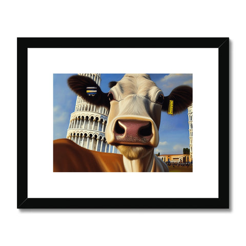 A cow standing in a fence with an art print on its udder