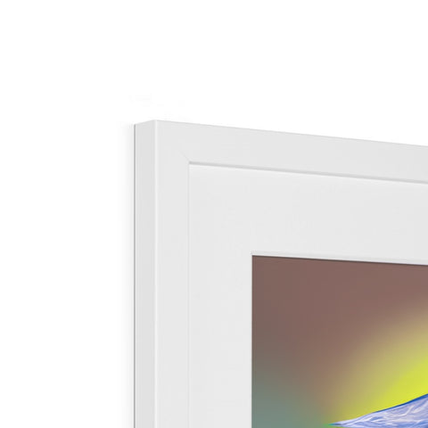 A white picture frame holding a mac computer on top of a display screen.