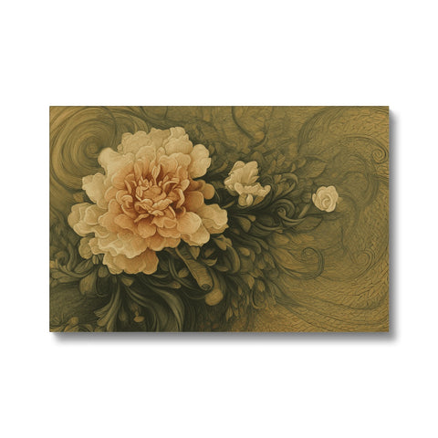 A gold gold foil card with a square image of a wedding petals on it and