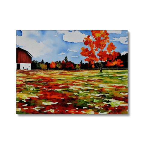 A painting of fall foliage with a red and green barn across a grassy field.