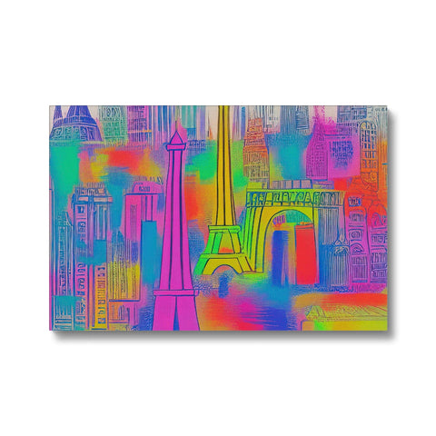 A colorful print of a Paris skyline, including the Eiffel tower and the E