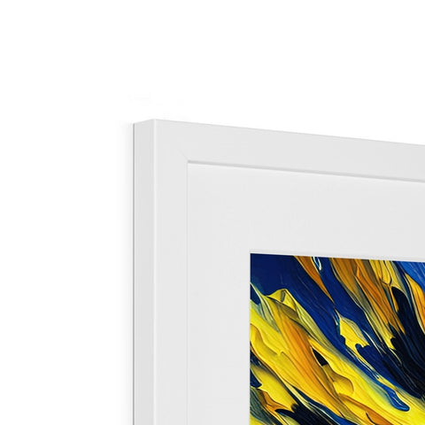 A picture frame with an abstract painting hanging on it with a white border on it.
