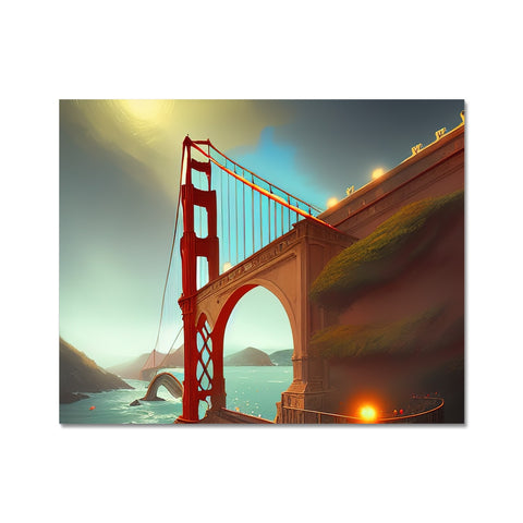 A white bridge and the golden gate are seen in the foreground of a picture on the