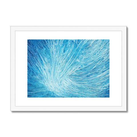 Art print of a bird with feathers on it on a white tiled wooden frame.