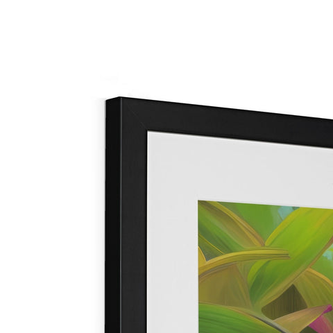 A picture print is in a green and black frame on a small wall.