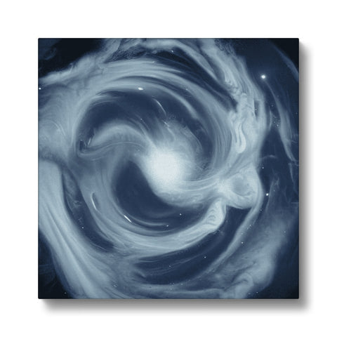 An art print of a spiral galaxy swirling around in a black sky.