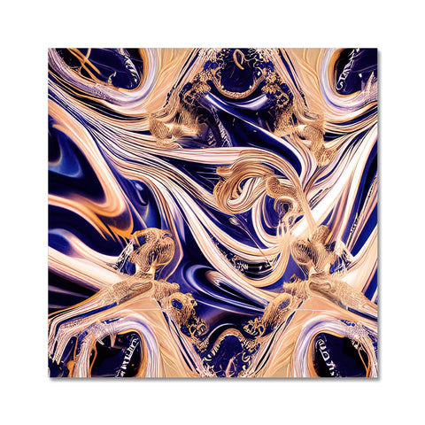 A gold decorative artwork on a blue ceramic piece of tile with swirling blue waves.