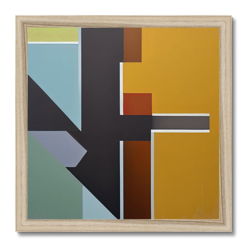 A wood work framed picture of an abstract painting on a display of colored brick in a