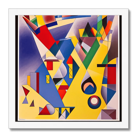 A colorful geometric design hanging in front of a man standing in front a painting.
