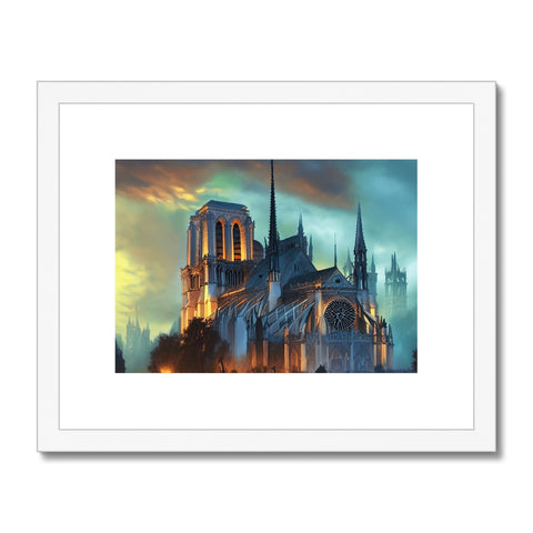 An art print of a small church with tall steeples and a large building with