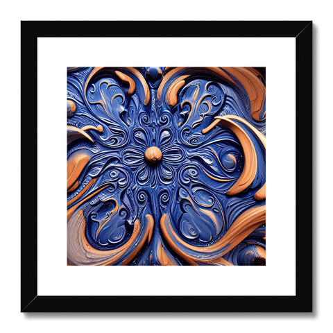 A large framed painting on a large wooden object with a paisley blue background.