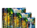 Various colored paper placemats on a wooden table with a colorful picture of trees,