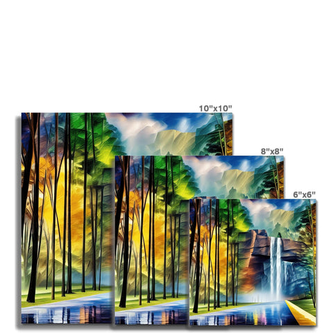 Various colored paper placemats on a wooden table with a colorful picture of trees,