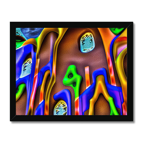 A colorful art print on a flat screen tv monitor stands to the front of a picture