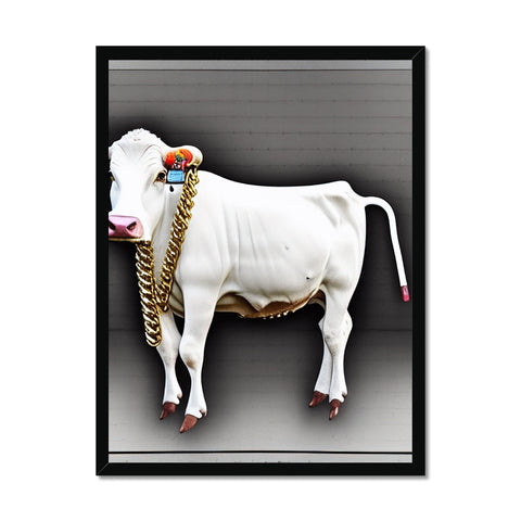 A cow standing next to a wall in front of a picture.