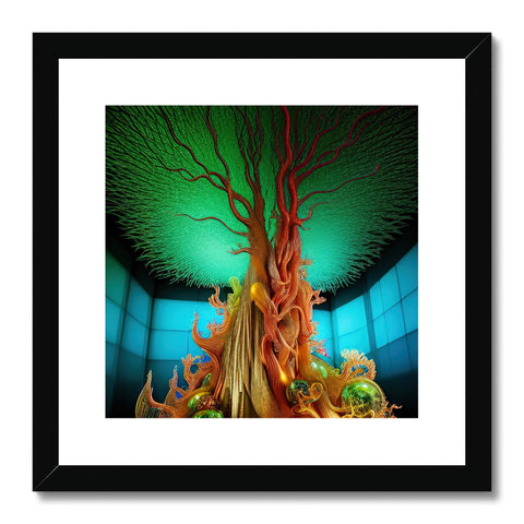 An art print hangs over some large aquarium on a wall.