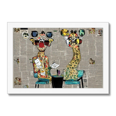 A place mat with art prints of two giraffe standing on a marble table.