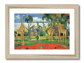a group of giraffes watching a watercolor photo with many large animals at the