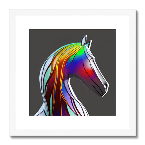 An animated picture of a little horse in front of a rainbow in a colorful background.